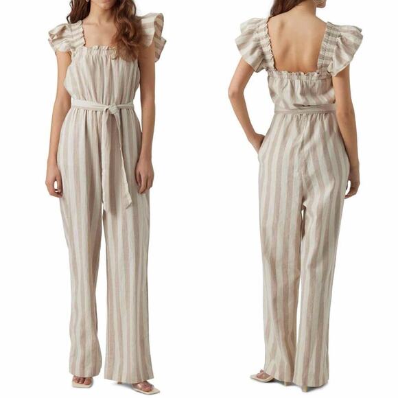 VERO MODA Belted Linen Blend Stripe Jumpsuit Size XL - Picture 6 of 9